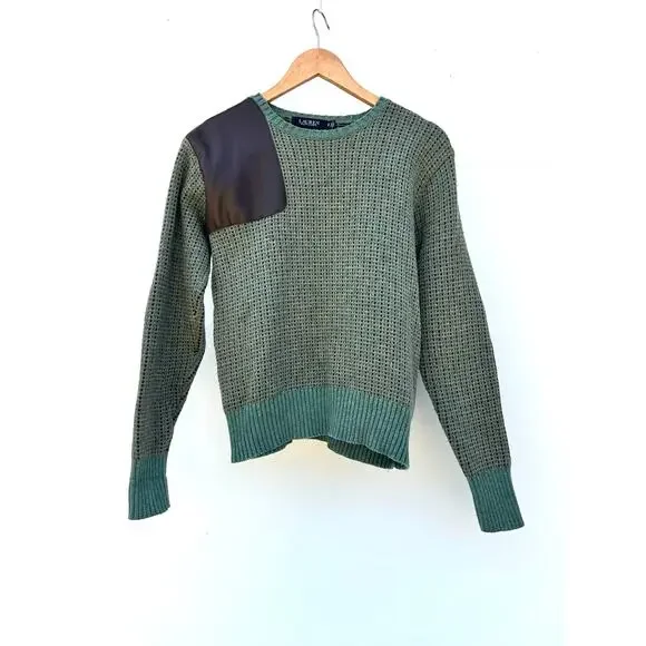 Ralph Lauren Wool Knit Sweater Faux Leather Green Brown Jumper Small Equestrian - Picture 4 of 8